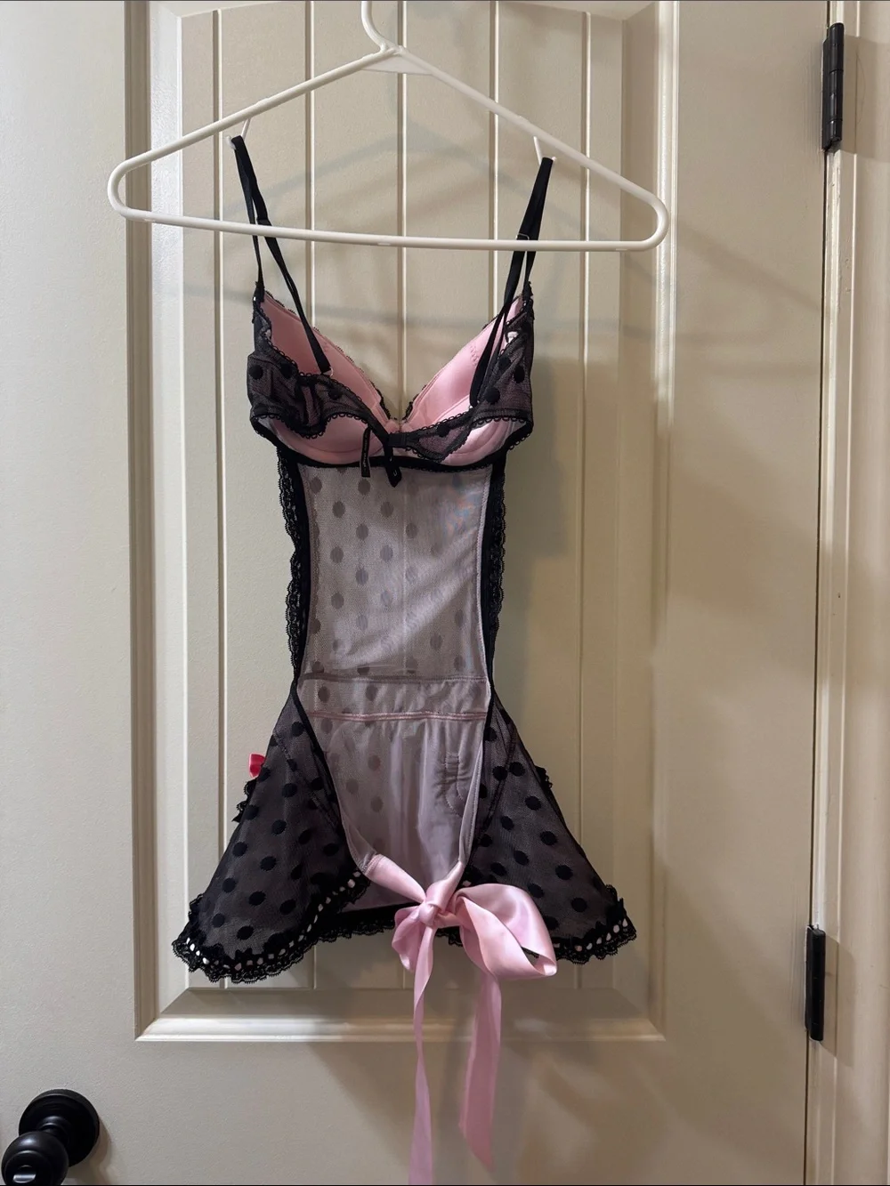 Victoria’s Secret Black Polka Dot Mesh Chemise with Pink Satin Bows 34B